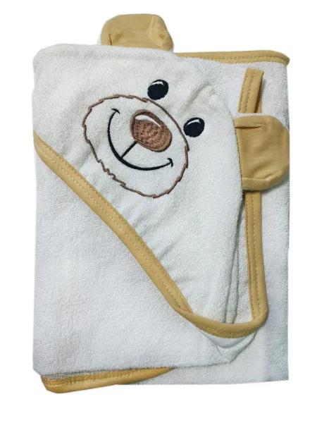 Махровое полотенце детское "Уголок" 95*95 с ушками (Мишка, белый)