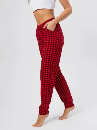 Брюки пижамные женские, модель 162, трикотаж (Красно-черная клетка)