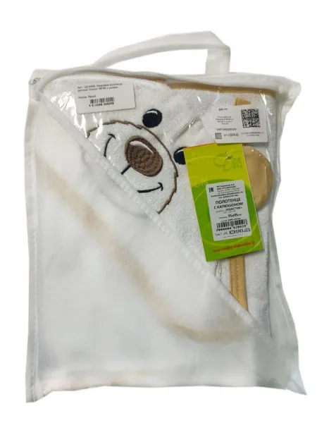 Махровое полотенце детское "Уголок" 95*95 с ушками (Мишка, белый)