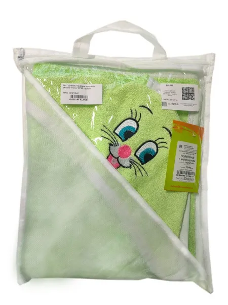 Махровое полотенце детское "Уголок" 95*95 с ушками (Зайка, салатовый)