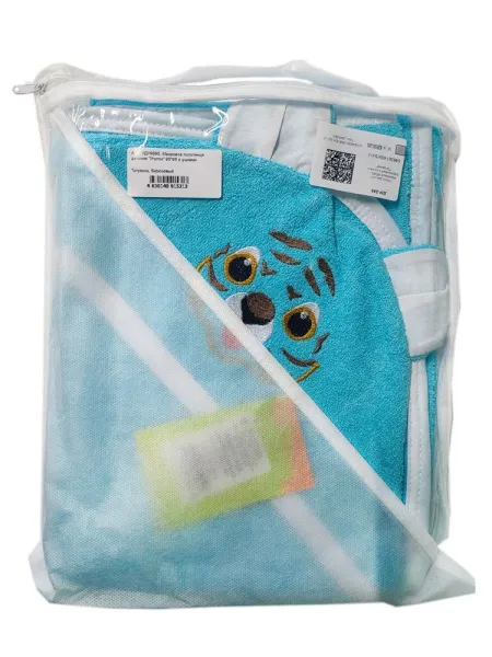 Махровое полотенце детское "Уголок" 95*95 с ушками (Тигренок, бирюзовый)