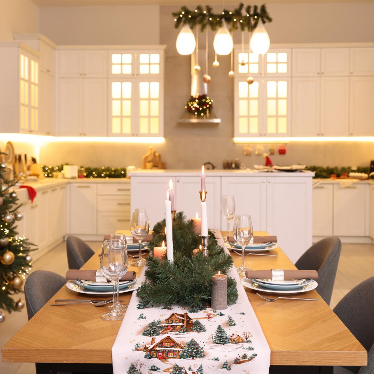 Дорожка для сервировки 50*150 см, хлопок 100% (Снеговики, бежевый)