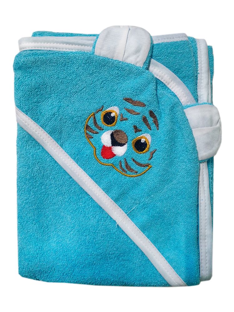 Махровое полотенце детское "Уголок" 95*95 с ушками (Тигренок, бирюзовый)