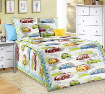 Комплект постельного белья 1,5-спальный, бязь "Люкс", детская расцветка (Гонки, серый)