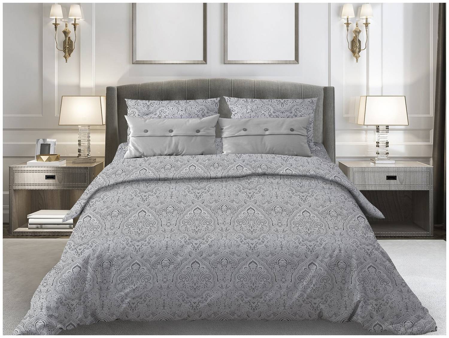 Простыня на резинке 090*200 см, бязь "Комфорт", борт 25 см (Дамаск, серый)