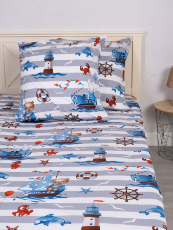 Простыня на резинке 090*190 см, перкаль, детская расцветка (Рыбалка)