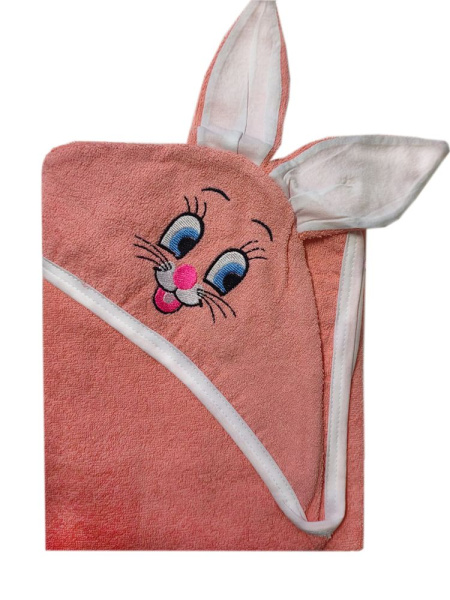 Махровое полотенце детское "Уголок" 95*95 с ушками (Зайка, персиковый)