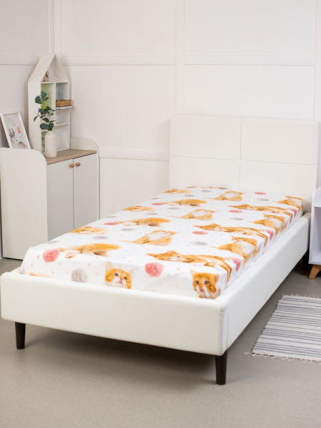 Простыня на резинке 090*190 см, перкаль, детская расцветка (Рыжие котята)