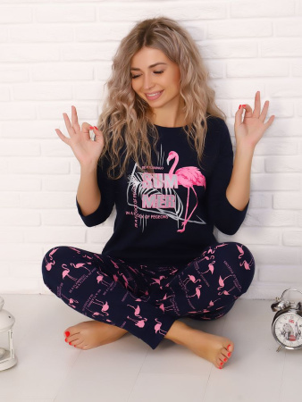 Пижама женская, модель 162, трикотаж (Фламинго, синий)