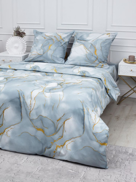 Комплект постельного белья Евростандарт, перкаль (Мраморный узор, серый)