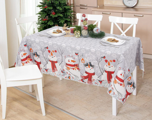 Скатерть 150*250 см, рогожка (Снеговики)