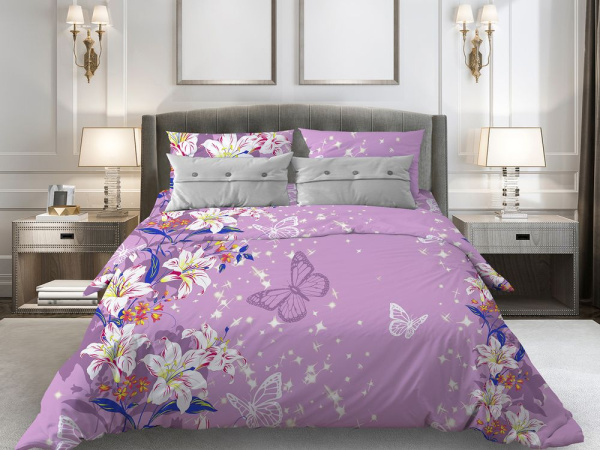 Наволочка 50*70 см, бязь "Комфорт", на пуговицах (Лилии, сиреневый)