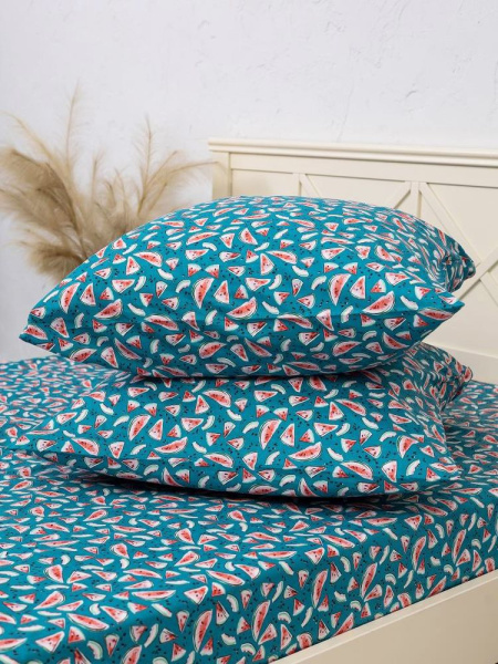 Простыня 1,5-спальная, перкаль, детская расцветка (Арбузики, бирюзовый)