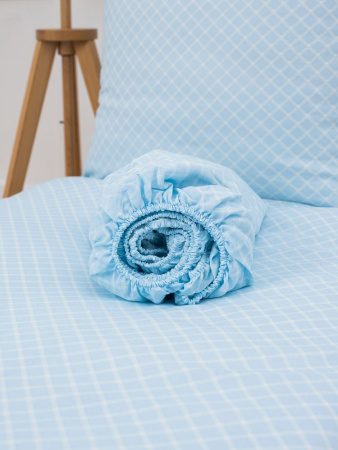 Простыня на резинке 090*200 см, бязь "Комфорт 150 см", борт 25 см (Виши, голубой)