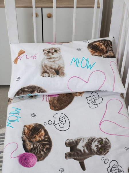 Комплект постельного белья в детскую кроватку, перкаль (Пушистики)