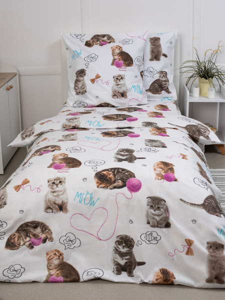 Пододеяльник 1,5-спальный, перкаль, детская расцветка (Пушистики)