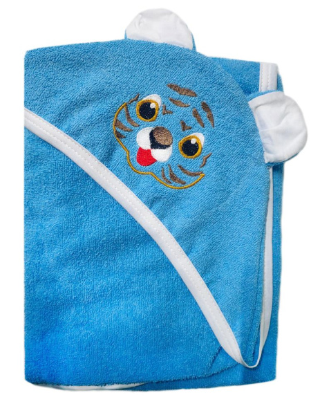 Махровое полотенце детское "Уголок" 95*95 с ушками (Тигренок, голубой)