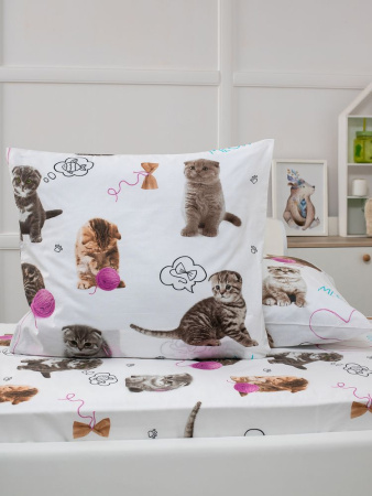 Комплект постельного белья 1,5-спальный, перкаль, детская расцветка (Пушистики)