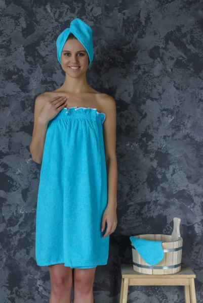 Комплект для сауны женский,100% хлопок (Бирюзовый  )