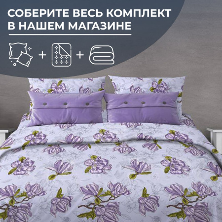 Простыня на резинке 090*200 см, поплин, борт 25 см (Магнолии, лавандовый)