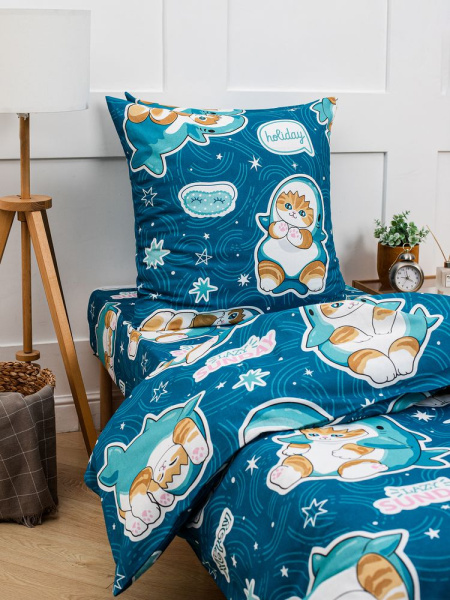 Простыня на резинке 080*160 см, бязь "Комфорт", детская расцветка (Кот Акула)