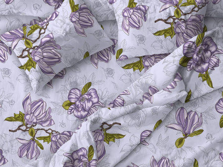 Простыня на резинке 200*200 см, поплин, борт 25 см (Магнолии, лавандовый)