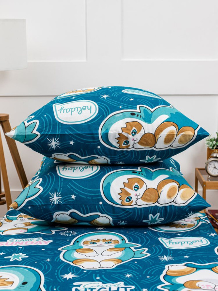 Простыня на резинке 090*190 см, бязь "Комфорт", детская расцветка (Кот Акула)