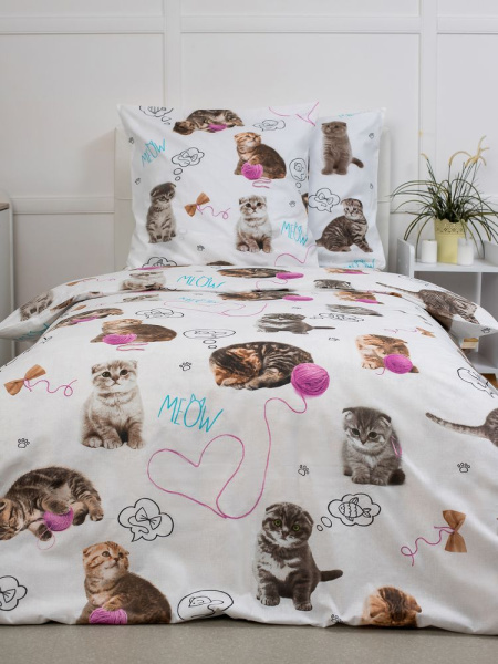 Простыня 1,5-спальная, перкаль, детская расцветка (Пушистики)