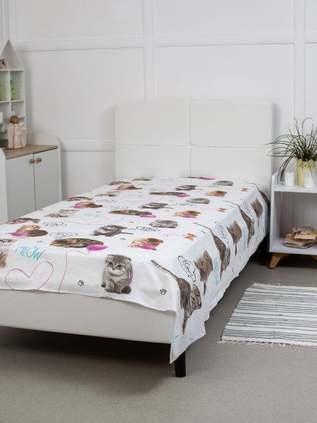 Простыня 1,5-спальная, перкаль, детская расцветка (Пушистики)