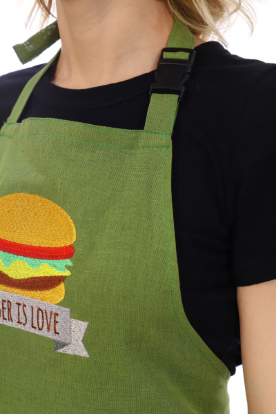 Фартук кухонный с вышивкой, лен (Бургер, зеленый)