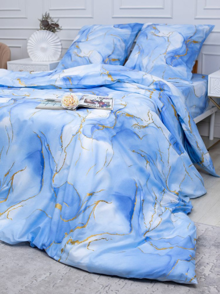 Простыня 2-спальная, перкаль (Мраморный узор, синий)