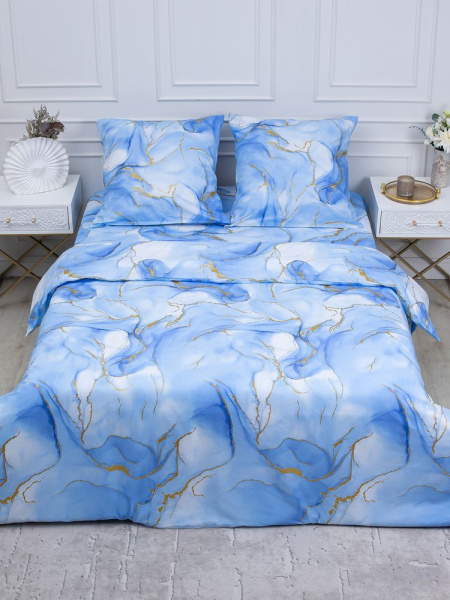 Комплект постельного белья Семейный, перкаль (Мраморный узор, синий)