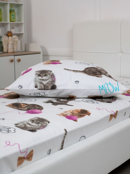 Простыня 1,5-спальная, перкаль, детская расцветка (Пушистики)