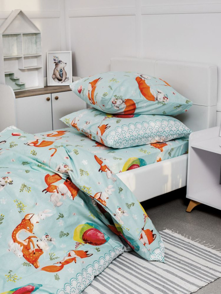 Простыня на резинке 080*160 см, перкаль, детская расцветка (Лисята)