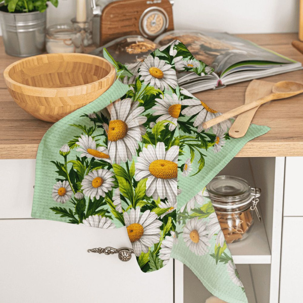 Полотенце 50*60 см вафельное (Ромашки, зеленый)
