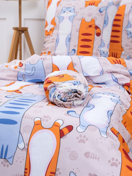 Простыня на резинке 090*190 см, бязь "Комфорт", детская расцветка (Кот батон)