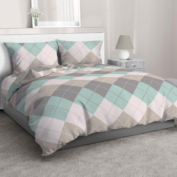 Комплект постельного белья Семейный, перкаль (Клетка Паддингтон, мятная)