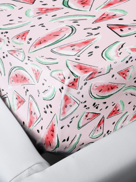 Простыня на резинке 080*160 см, перкаль, детская расцветка (Арбузики, розовый)