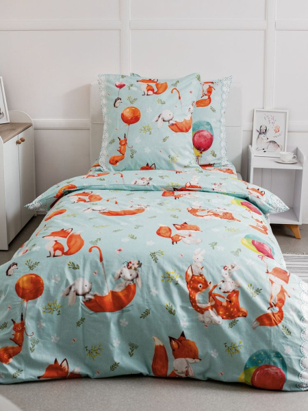 Простыня на резинке 080*160 см, перкаль, детская расцветка (Лисята)