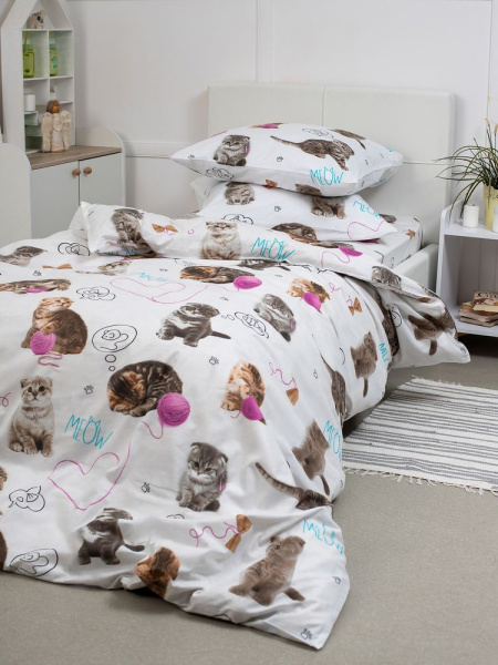 Комплект постельного белья 1,5-спальный, перкаль, детская расцветка (Пушистики)