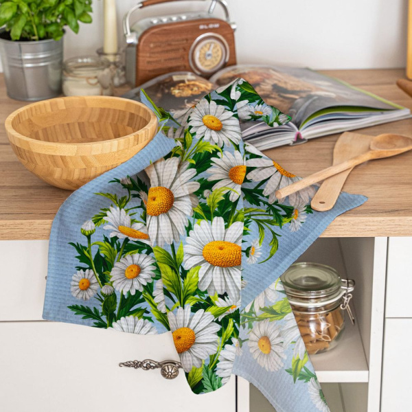 Полотенце 50*60 см вафельное (Ромашки, синий)