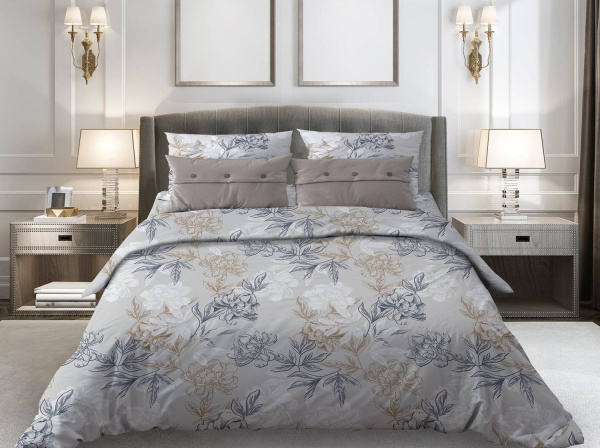 Комплект постельного белья 2-спальный с Евро простыней, поплин (Симфония, серо-бежевый)