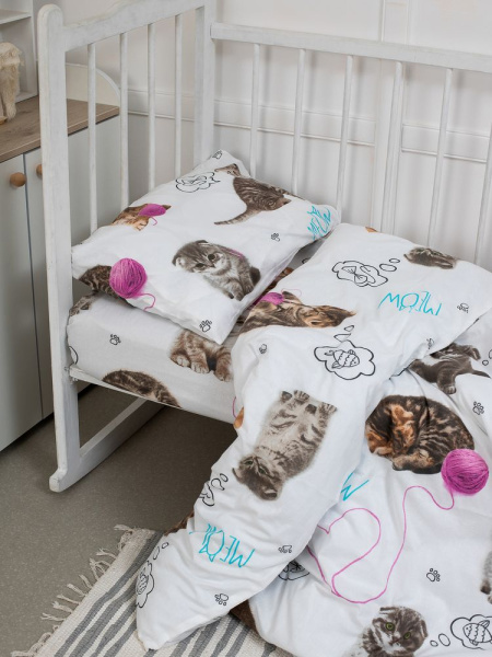 Комплект постельного белья в детскую кроватку, перкаль (Пушистики)