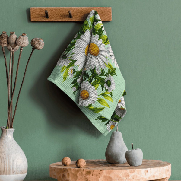 Полотенце 50*60 см вафельное (Ромашки, зеленый)