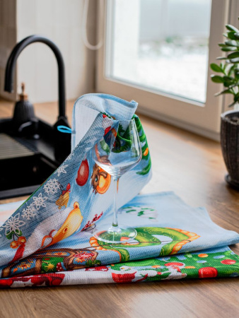 Комплект вафельных полотенец 48*60 см, 3 штуки (Веселый праздник)