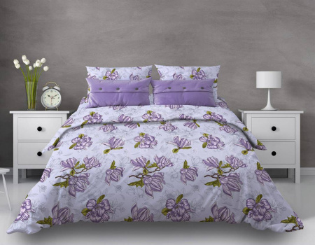 Простыня на резинке 090*200 см, поплин, борт 25 см (Магнолии, лавандовый)