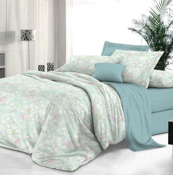 Простыня Евро 240*220 см, сатин "Престиж" (Зеленый сад (компаньон))