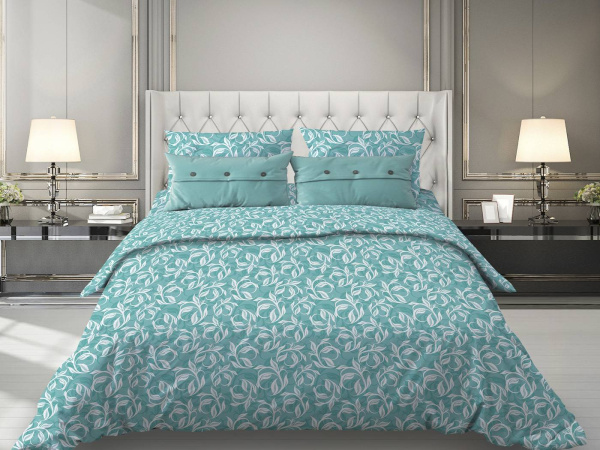 Простыня на резинке 200*200 см, поплин, борт 25 см (Вьюнок, бирюзовый)