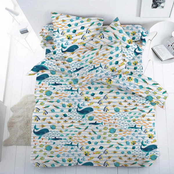 Простыня на резинке 090*190 см, перкаль, детская расцветка (По волнам)