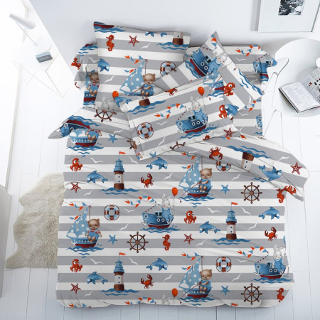 Простыня на резинке 090*190 см, перкаль, детская расцветка (Рыбалка)